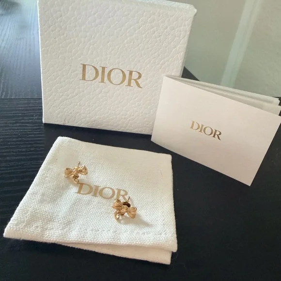Dior Gold Bow Earrings with Logo Charm